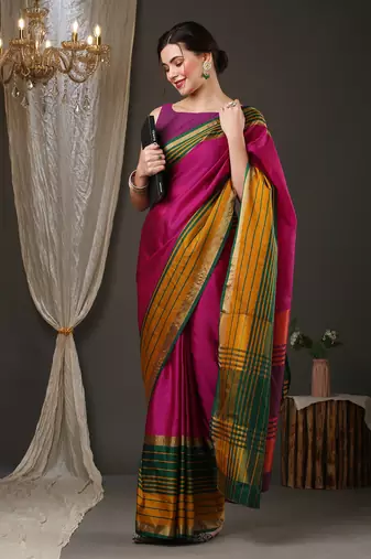 Pink border silk blend saree with contrast  blouse
