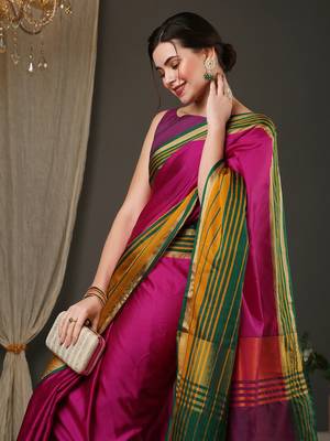 Pink border silk blend saree with contrast  blouse 3