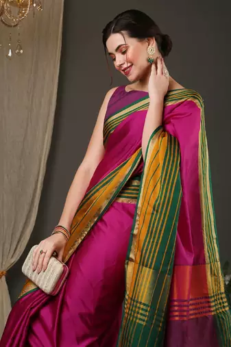 Pink border silk blend saree with contrast  blouse