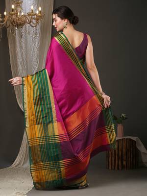 Pink border silk blend saree with contrast  blouse 4