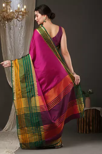 Pink border silk blend saree with contrast  blouse