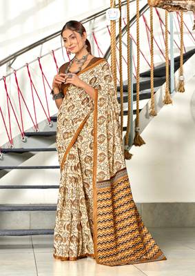 Mustard mulmul cotton hand block printed saree with printed blouse piece 1
