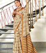 Mustard mulmul cotton hand block printed saree with printed blouse piece