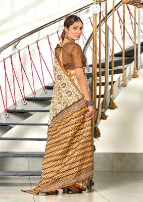 Mustard mulmul cotton hand block printed saree with printed blouse piece 3
