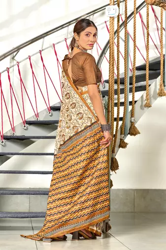Mustard mulmul cotton hand block printed saree with printed blouse piece