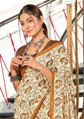 Mustard mulmul cotton hand block printed saree with printed blouse piece 4