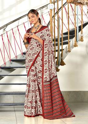 Red mulmul cotton hand block printed saree with printed blouse piece 1