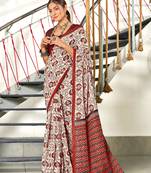 Red mulmul cotton hand block printed saree with printed blouse piece