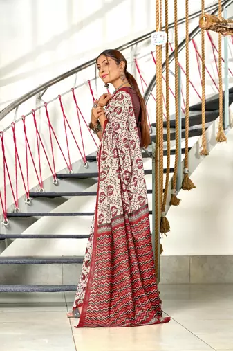 Red mulmul cotton hand block printed saree with printed blouse piece