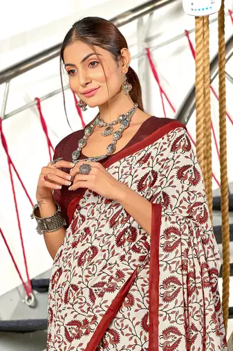 Red mulmul cotton hand block printed saree with printed blouse piece