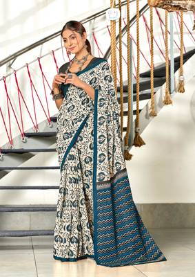 Teal mulmul cotton hand block printed saree with printed blouse piece 1