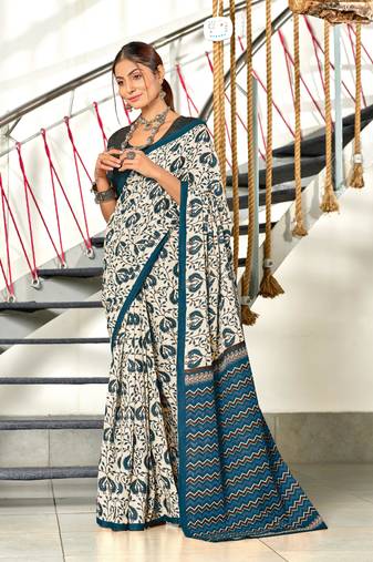 Teal mulmul cotton hand block printed saree with printed blouse piece