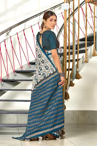 Teal mulmul cotton hand block printed saree with printed blouse piece