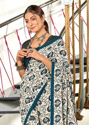 Teal mulmul cotton hand block printed saree with printed blouse piece 4