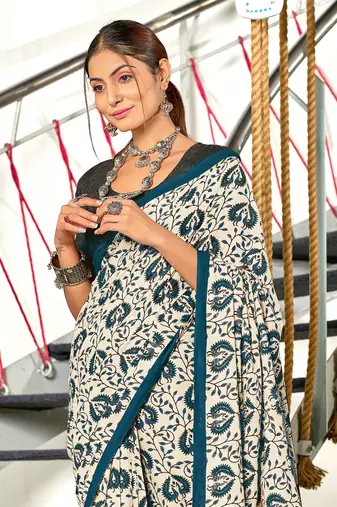 Teal mulmul cotton hand block printed saree with printed blouse piece
