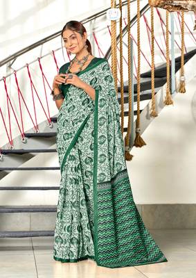 Green mulmul cotton hand block printed saree with printed blouse piece 1