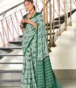 Green mulmul cotton hand block printed saree with printed blouse piece