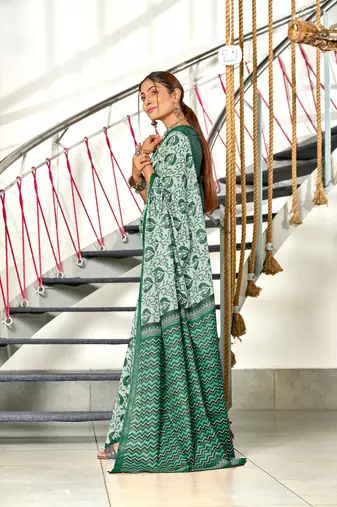 Green mulmul cotton hand block printed saree with printed blouse piece
