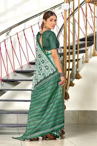 Green mulmul cotton hand block printed saree with printed blouse piece