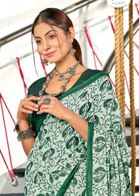 Green mulmul cotton hand block printed saree with printed blouse piece 4