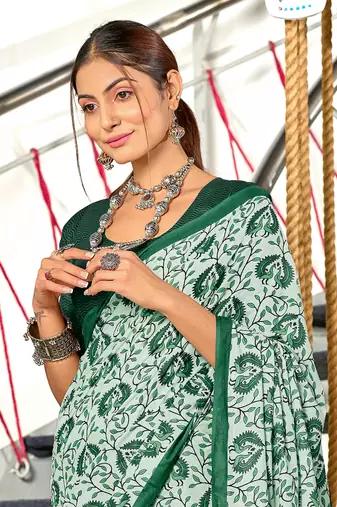 Green mulmul cotton hand block printed saree with printed blouse piece