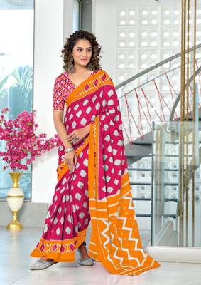 Pink mulmul cotton hand block printed saree with printed blouse piece 1