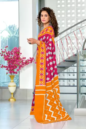 Pink mulmul cotton hand block printed saree with printed blouse piece