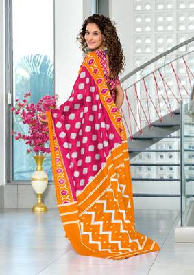 Pink mulmul cotton hand block printed saree with printed blouse piece 3