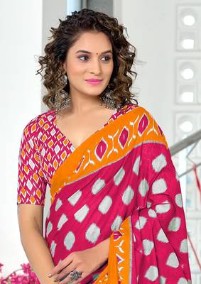 Pink mulmul cotton hand block printed saree with printed blouse piece 4