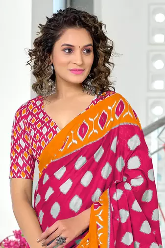 Pink mulmul cotton hand block printed saree with printed blouse piece
