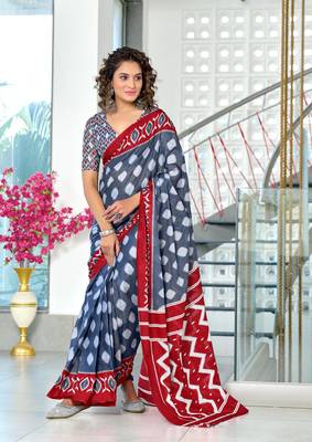 Grey mulmul cotton hand block printed saree with printed blouse piece 1