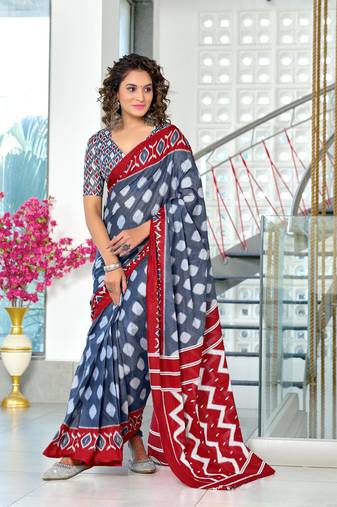 Grey mulmul cotton hand block printed saree with printed blouse piece