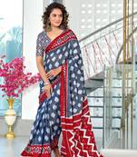Grey mulmul cotton hand block printed saree with printed blouse piece