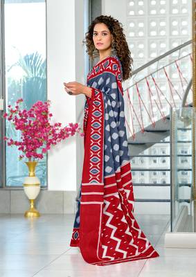 Grey mulmul cotton hand block printed saree with printed blouse piece 2