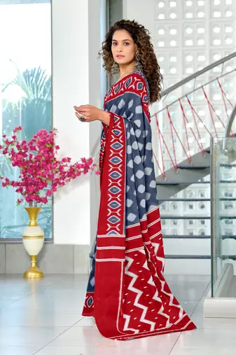 Grey mulmul cotton hand block printed saree with printed blouse piece