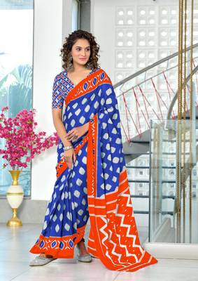 Blue mulmul cotton hand block printed saree with printed blouse piece 1