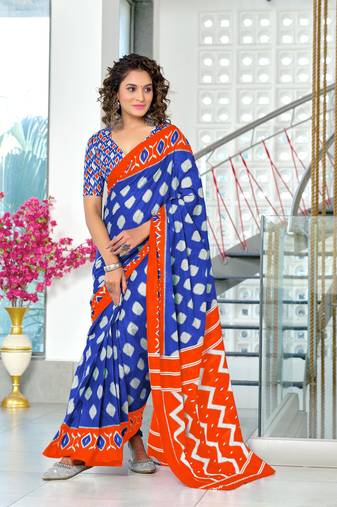 Blue mulmul cotton hand block printed saree with printed blouse piece