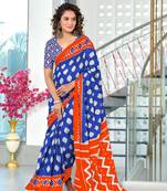 Blue mulmul cotton hand block printed saree with printed blouse piece