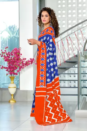 Blue mulmul cotton hand block printed saree with printed blouse piece