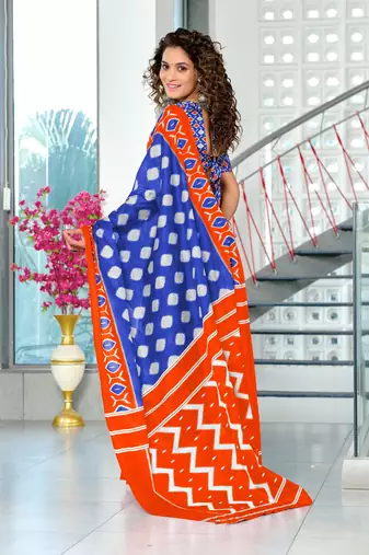Blue mulmul cotton hand block printed saree with printed blouse piece