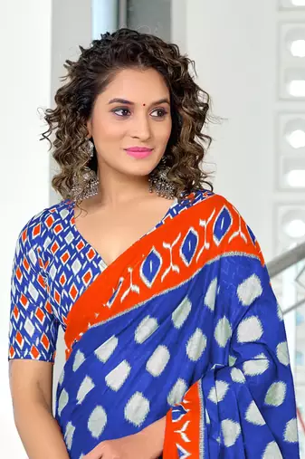 Blue mulmul cotton hand block printed saree with printed blouse piece