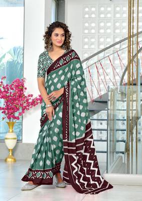 Green mulmul cotton hand block printed saree with printed blouse piece 1