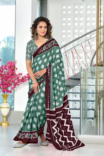 Green mulmul cotton hand block printed saree with printed blouse piece