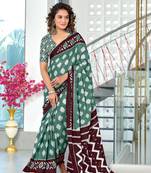 Green mulmul cotton hand block printed saree with printed blouse piece