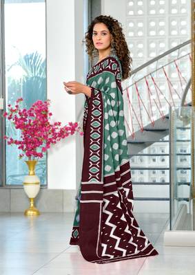 Green mulmul cotton hand block printed saree with printed blouse piece 2