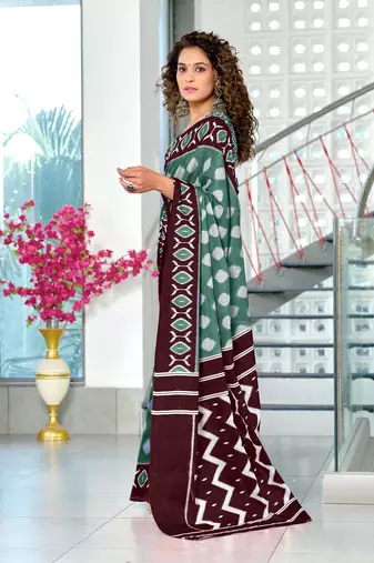 Green mulmul cotton hand block printed saree with printed blouse piece
