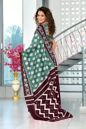 Green mulmul cotton hand block printed saree with printed blouse piece