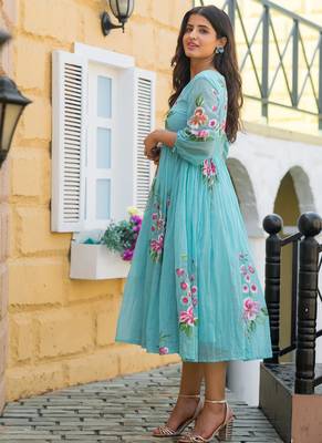 Sky blue digital print silk kurti 2