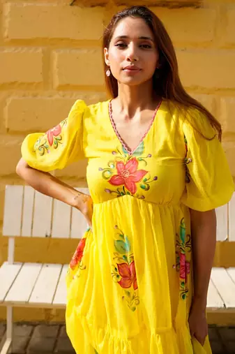 Yellow digital print silk kurti