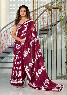 Maroon mulmul cotton hand block floral print saree with printed blouse piece 1